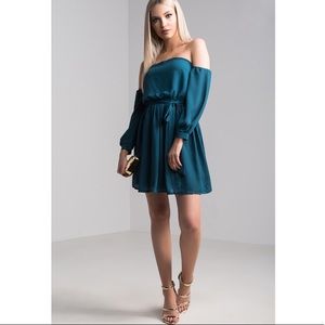 Teal Flowy Off The Shoulders Sleeved Dress